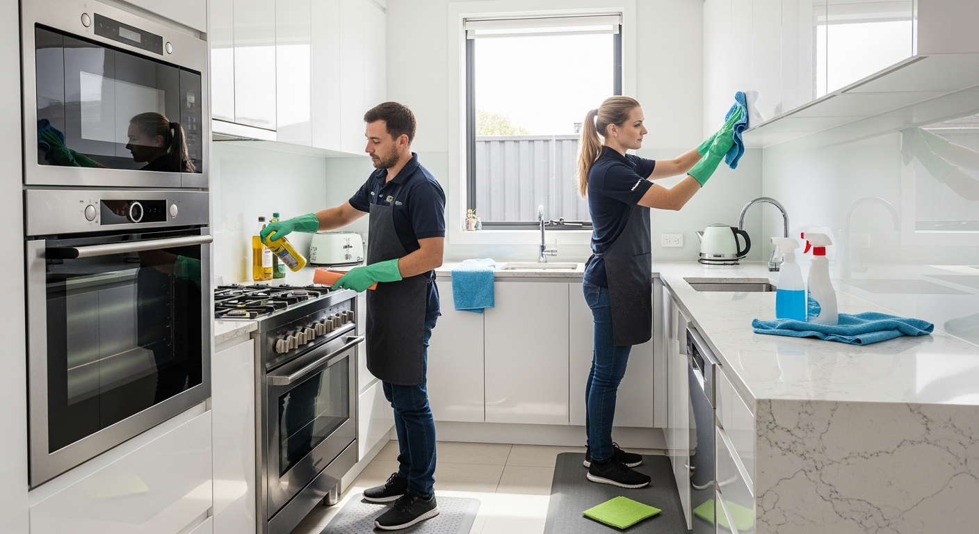 End of lease cleaning team working in a kitchen