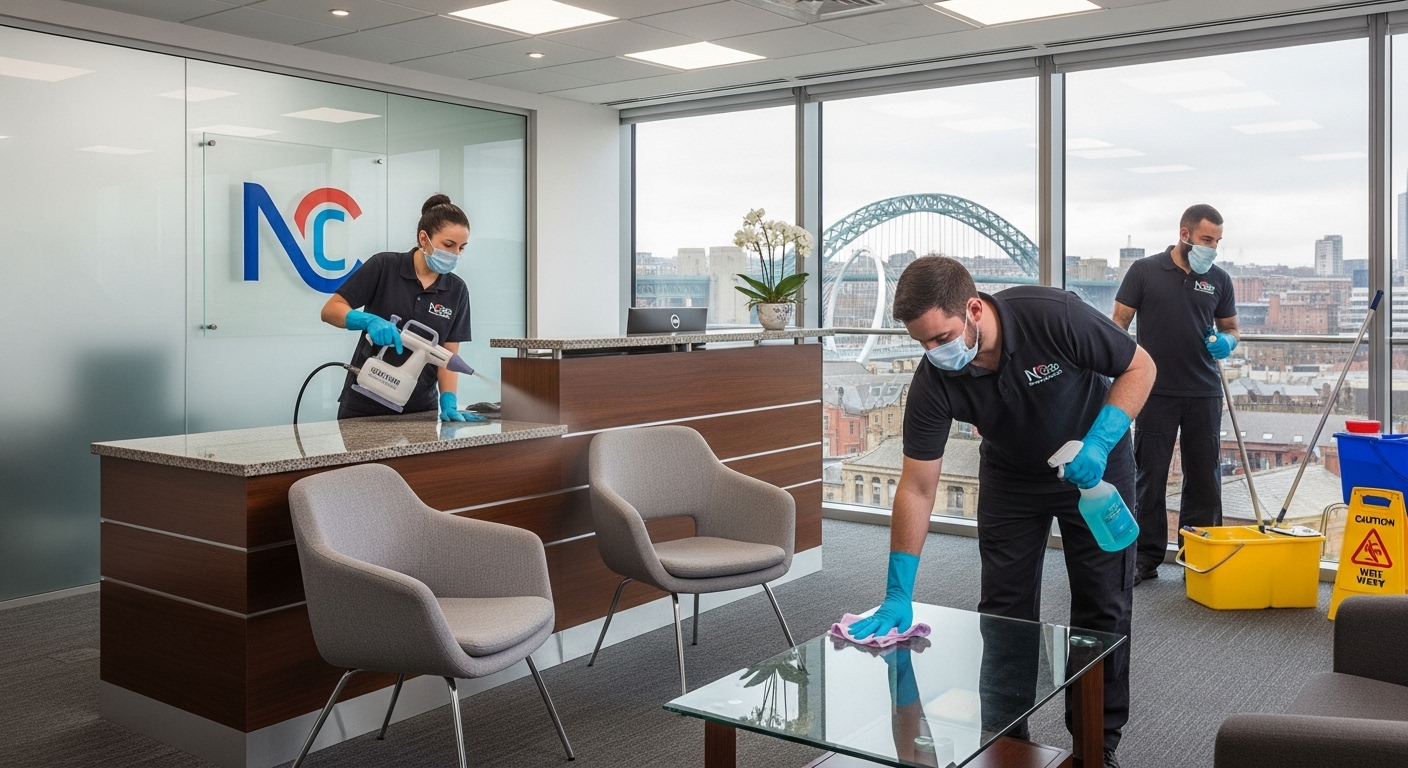 Cleaners sanitising office reception